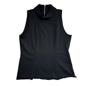 WHBM Women’s Peplum‎ Top Black Sleeveless Mock Tneck Back Exposed Silver Zip 12